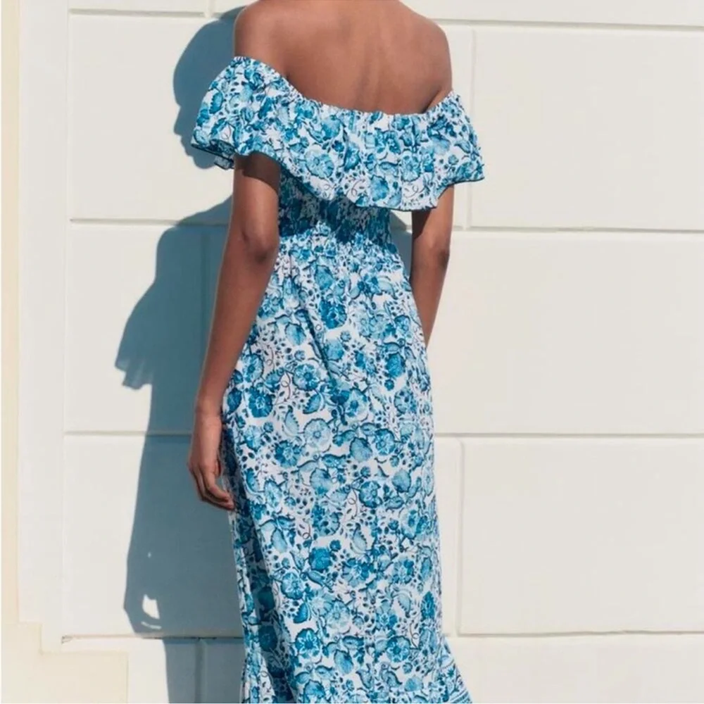 ZARA FLORAL PRINT OFF THE SHOULDER DRESS - Picture 6 of 12